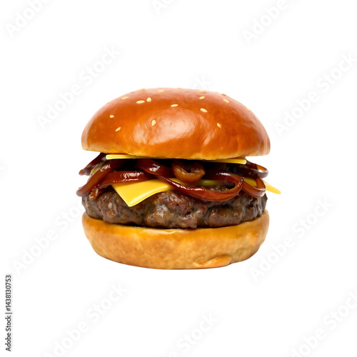 Pretzel bun burger with sharp cheddar and caramelized onions isolated on a white background for clean product imagery