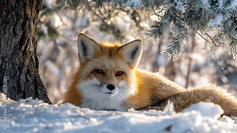 Fototapeta premium Red Fox Resting in Snowy Winter Forest Sunlight