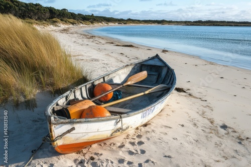 Vintage dinghy with oars and fishing gear on shore