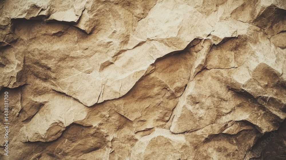 Fototapeta premium The image depicts an aged and eroded wall with a textured pattern that appears to be remnants of plaster or paint peeling off. The colors are earthy, with shades of brown and gray dominating the scene