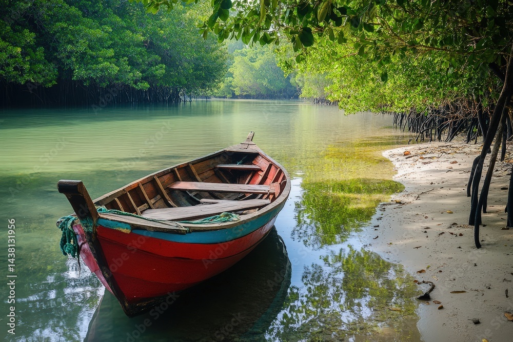 Fototapeta premium Small wooden boat anchored near coral shore with mangroves