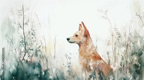 Vector illustration, watercolor painting of dog in the wild