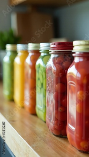 A vibrant array of colorful jars filled with preserved vegetables on a wooden shelf.