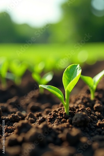 A vibrant green seedling emerging from rich soil in a sunny environment.
