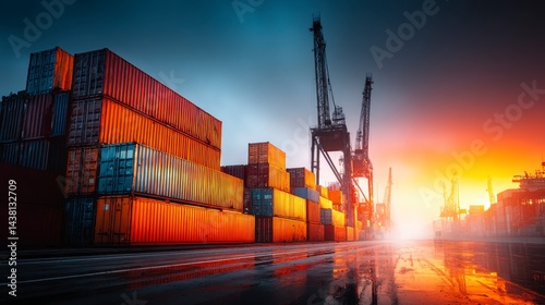 Vibrant sunset over a cargo port, with orange and red hues reflecting on wet ground. Stacked shipping containers and industrial cranes dominate the scene.