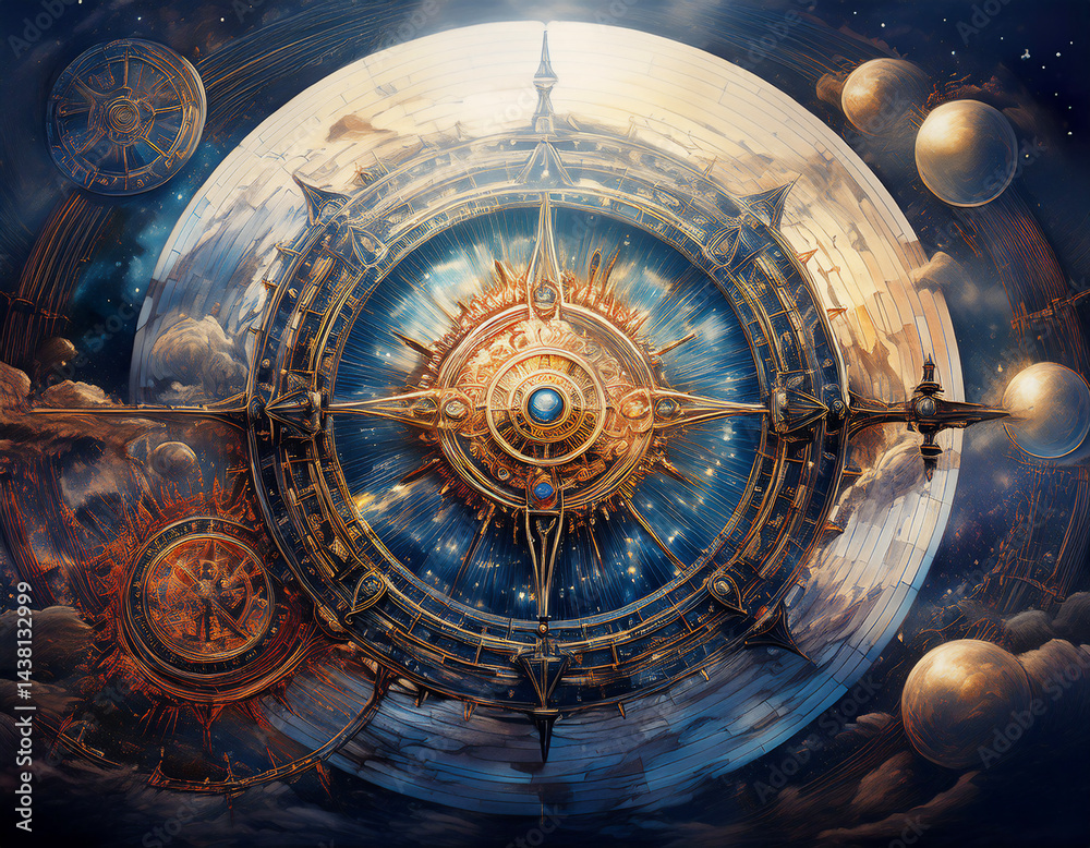 Obraz premium スチームパンク風の精巧なコンパスが中心に描かれ、周囲は水彩タッチの宇宙背景。古びた金属とインクのにじみが幻想的な雰囲気を演出
