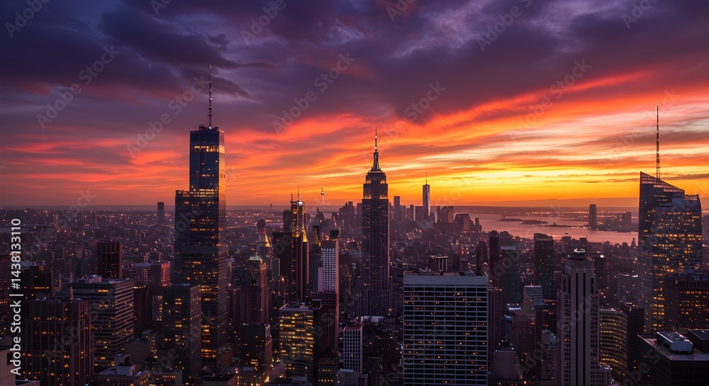 Fototapeta premium Stunning Sunset over City Skyline A Panoramic View of Urban Architecture at Dusk