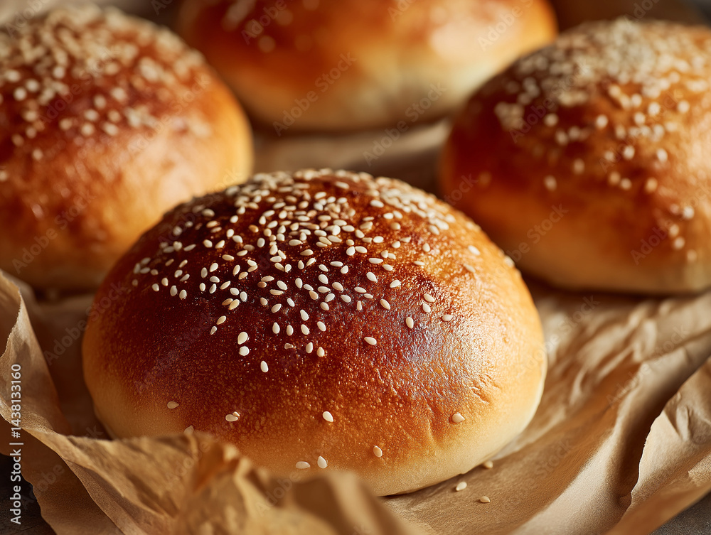 A close-up of fresh buns with sesame seeds, freshly baked and golden brown, sitting on parchment paper in the kitch A close-up of fresh buns with sesame seeds, freshly baked and golden brown, sitting on parchment paper in the kitch