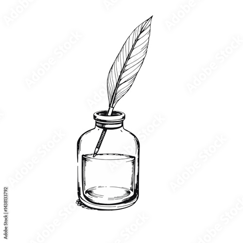 Ink Bottle with Quill Pen Drawing