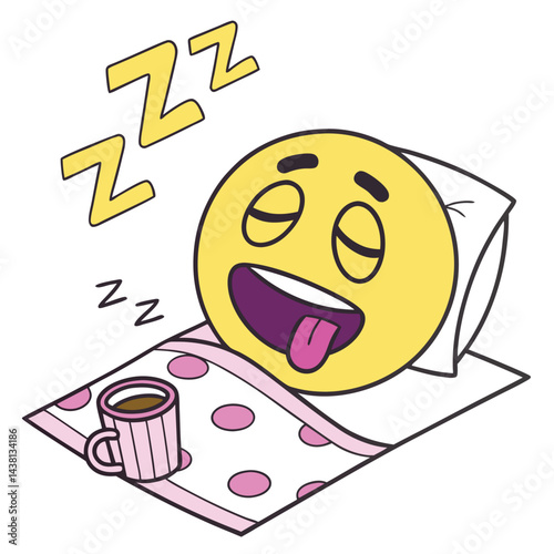 Sleepy Face Emoji Cartoon with Coffee Cup, Pillow, and Blanket, Sleeping Zzz Icon