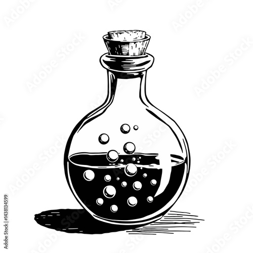 Black and White Illustration of a Potion Bottle with Bubbles