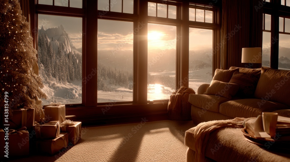 Obraz premium Warm living room with large windows showcasing a snowy mountain sunset, decorated for Christmas.