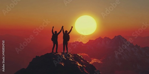 The image depicts two individuals standing on a peak, waving and celebrating at sunrise. The mountainous landscape is bathed in warm tones of the early morning light. This image captures the essence