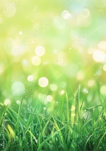 Fresh green grass with glistening dew drops. Soft, bokeh light background