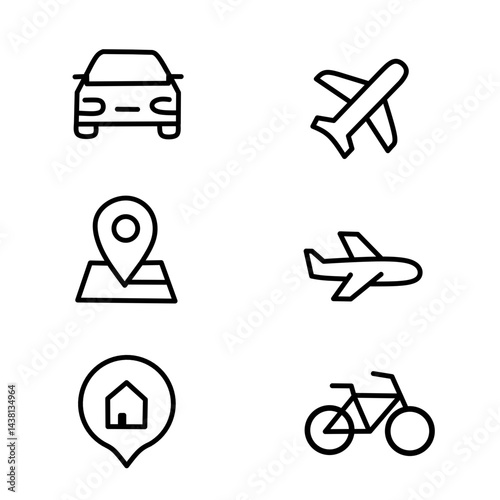 Minimalist Line Icons of Transportation and Travel - Car, Plane, Bicycle, and Location Markers