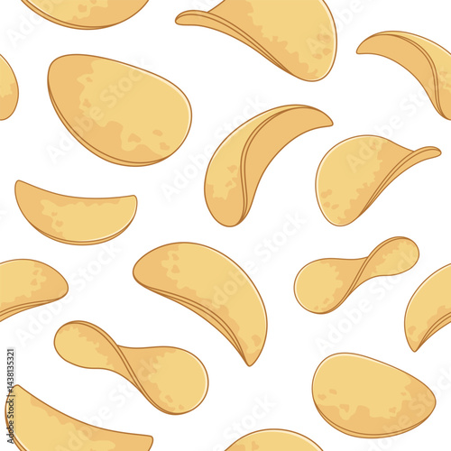 Potato chips seamless pattern, background. Comic, cartoon style illustrations, drawings