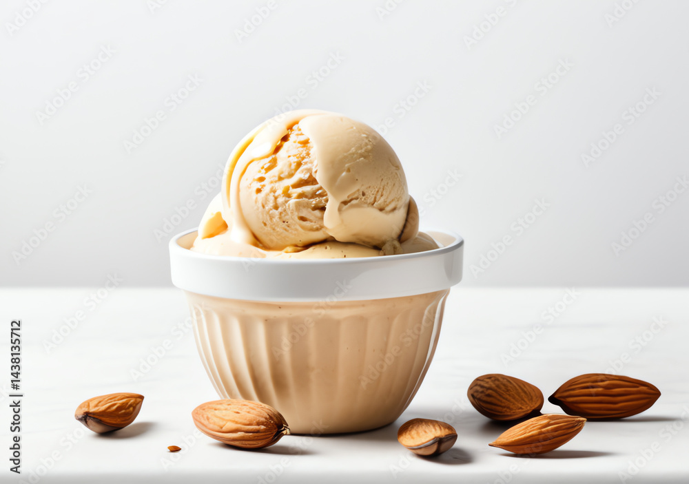 Delicious Baadam (Almond) ice cream serving surrounded with almonds. High definition cinematic food photography