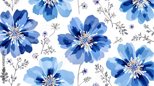Seamless floral pattern, watercolor background pattern blue flowers on white background