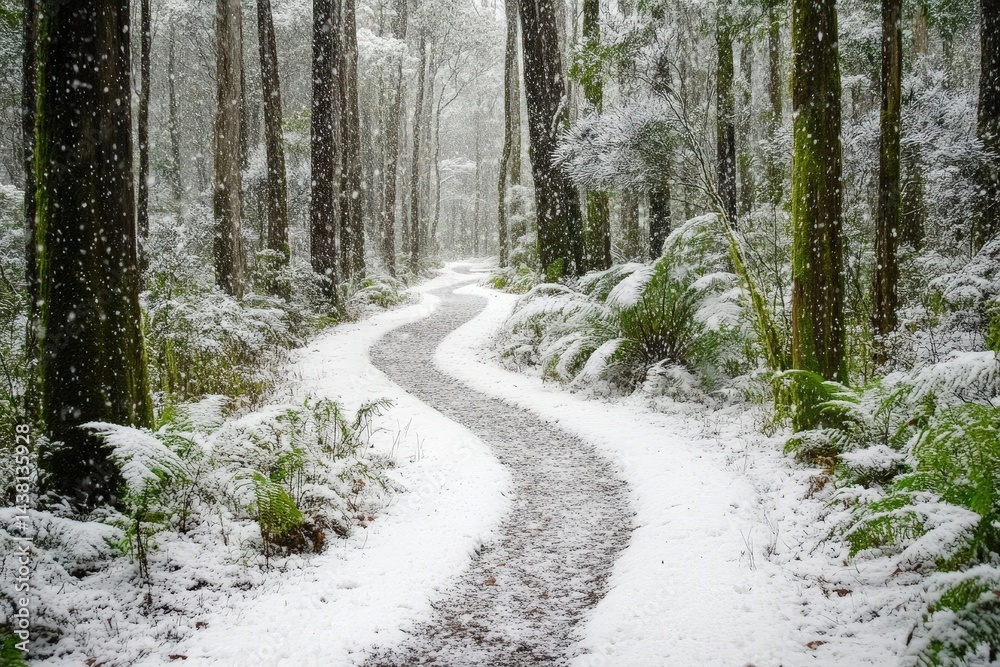 Fototapeta premium Snowy forest trail with soft white ground and falling snow