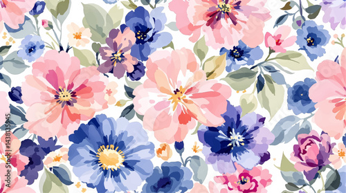 Seamless floral pattern, watercolor background pattern color flowers on white background