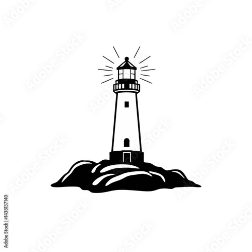 Lighthouse on Rocks Black and White Illustration