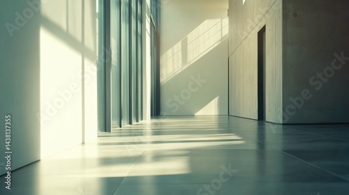 The image presents a modern architectural interior space, bathed in natural sunlight streaming through large windows that span the width of one wall. The sunlight creates an expansive view of daylight
