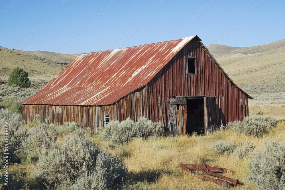 Obraz premium Old barn with corrugated roof and rusted tools in sunlight