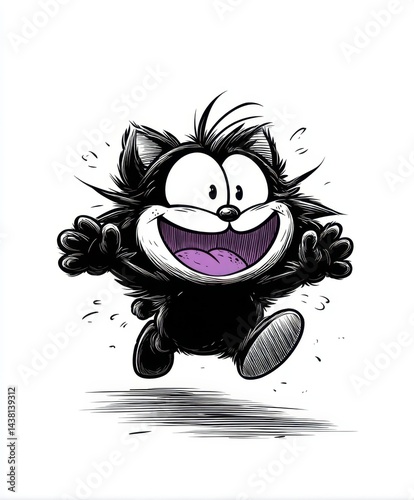 A black and white drawing of a cat running