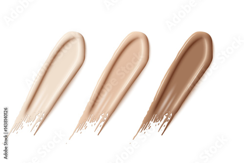 Makeup foundation swatches. Smears of liquid concealer. Beige textured creams. Face cosmetic product. Beauty industry. Realistic vector Illustration set.