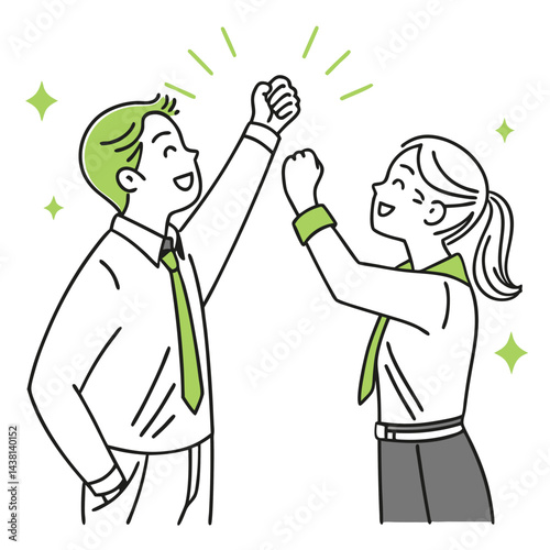 Line Art Excited Asian Business People with Fists Up Celebrating with Sparkle Effect