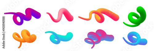 Color gradient lines set. Colorful graphic wavy shapes. Vibrant curved paint lines with smooth transitions. Modern artistic design elements isolated on white. Abstract 3D vector illustration.