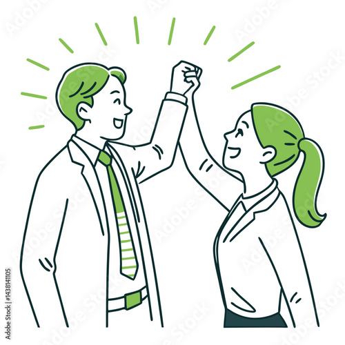 Line art Cheerful business colleagues, Caucasian man and woman, highfive gesture, simple