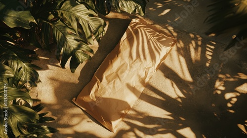 Golden, rectangular surface nestled amidst tropical foliage, bathed in sunlight. photo