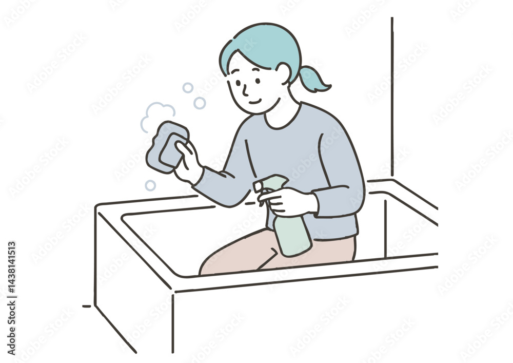 浴室を掃除する女性のイラスト