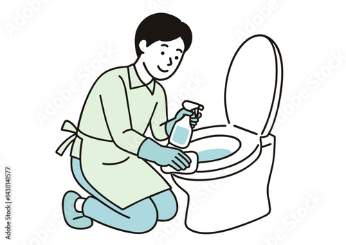 Obraz na płótnie トイレ掃除をするエプロン姿の男性のイラスト(清掃・白背景) w salonie