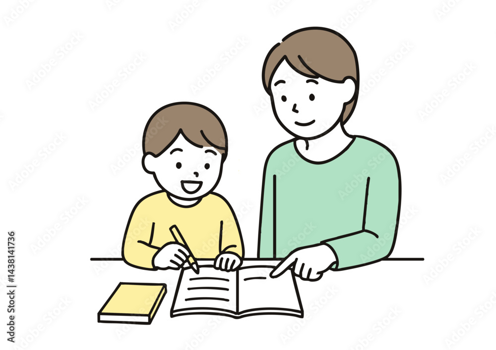 男の子に勉強を教えている大人のイラスト(白背景・家庭学習)