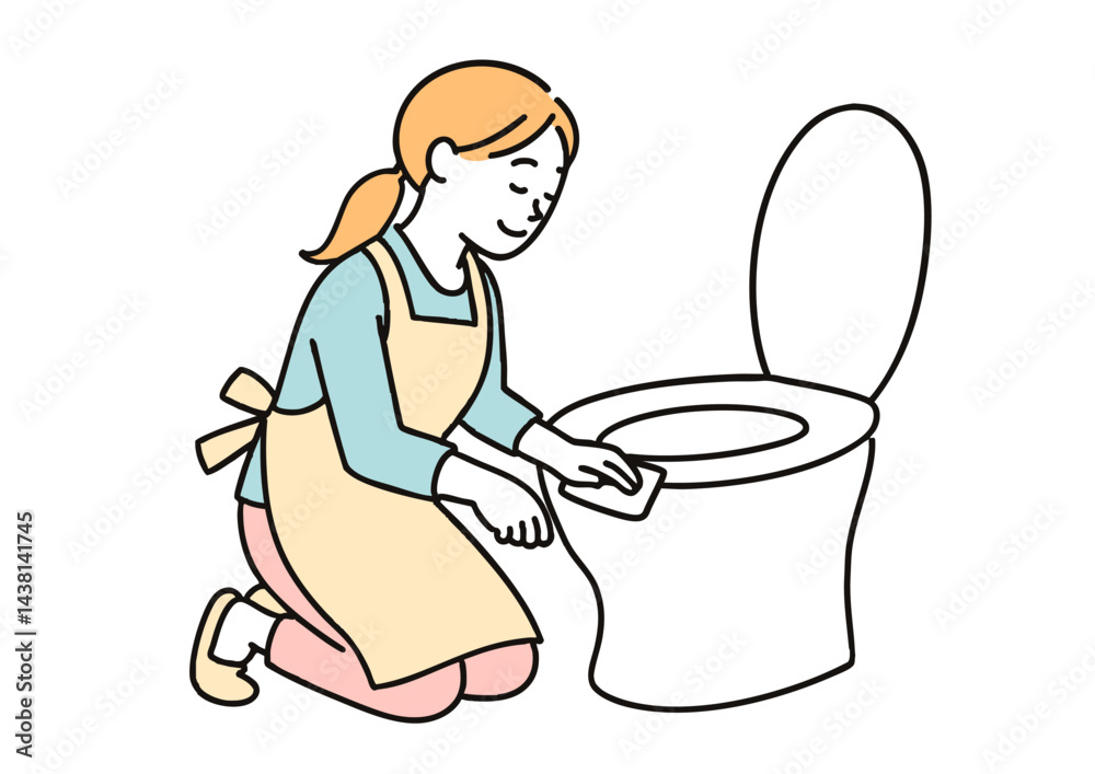 トイレ掃除をするエプロン姿の女性のイラスト(家事・白背景)
