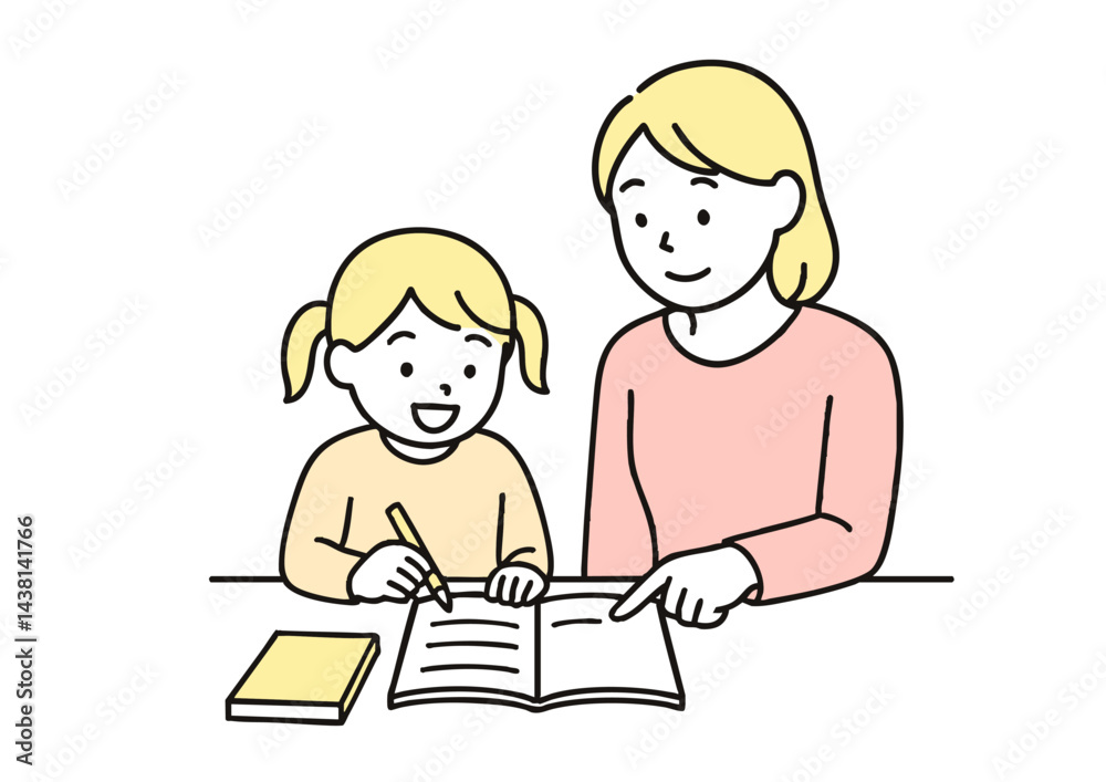 男の子に勉強を教える女性のイラスト(白背景・家庭学習・母親または先生)