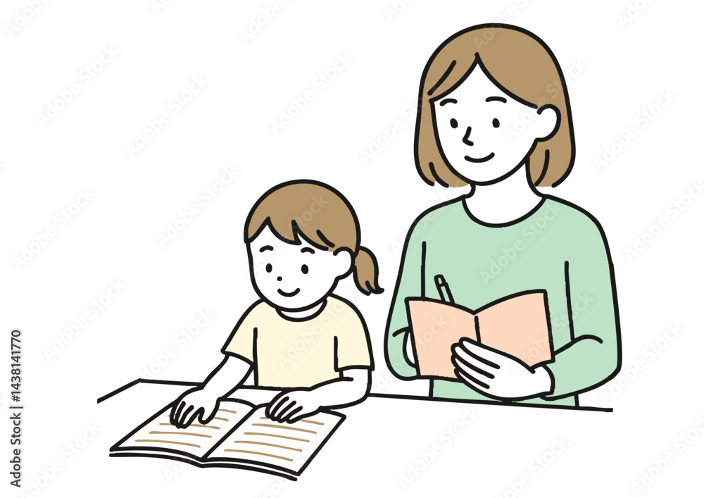 男の子に勉強を教える女性のイラスト(白背景・家庭学習・母親または先生)
