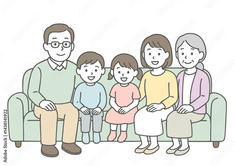 ソファに座って笑顔で過ごす家族5人のイラスト(白背景・団らん・リビング) ソファに座って笑顔で過ごす家族5人のイラスト(白背景・団らん・リビング)
