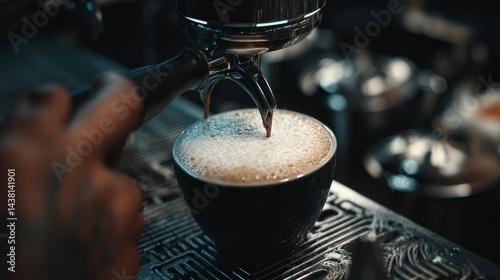 Wallpaper Mural Close up of espresso pouring into a dark cup. Dark and moody lighting, focus on the crema. Torontodigital.ca