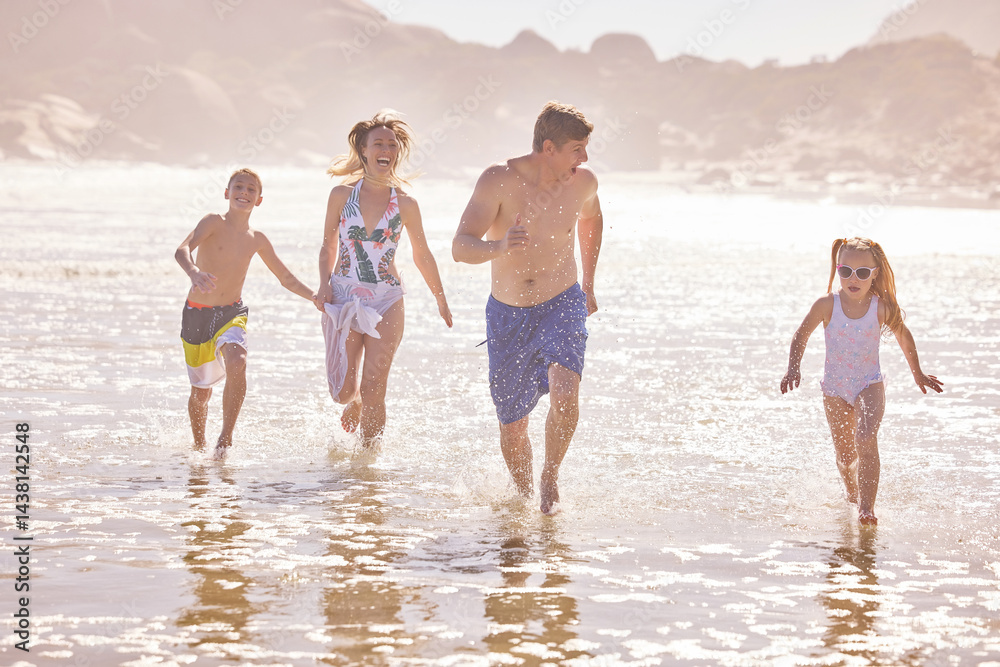 Parents, children and running at travel, ocean and vacation with love, summer and happy in nature. Father, mother and kids with splash, holiday and outdoor with family in sunshine at beach in Spain Parents, children and running at travel, ocean and vacation with love, summer and happy in nature. Father, mother and kids with splash, holiday and outdoor with family in sunshine at beach in Spain