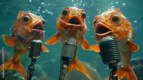 Three funny fish singing underwater into microphones