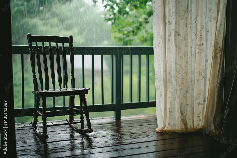 Wooden chair on porch with flowing curtains in rain Wooden chair on porch with flowing curtains in rain