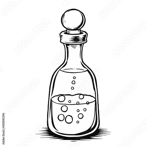 Vintage Glass Bottle with Bubbly Liquid Line Art Illustration