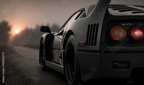 A black sports car driving down a dirt road at sunset