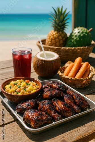 Jerk Chicken Platter with Ackee Saltfish, Festival Basket, Sorrel and Coconut Water by Shoreline

