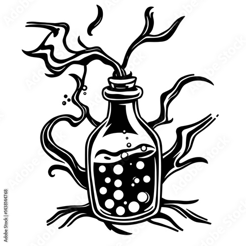 Black and White Illustration of a Potion Bottle with Vines