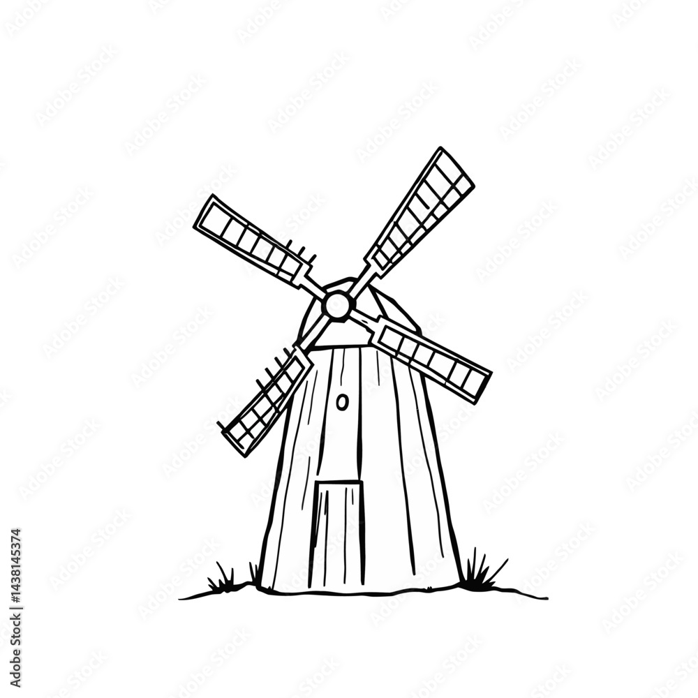 Fototapeta premium Hand Drawn Windmill Illustration Black and White