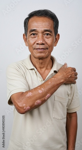 Elderly man showing psoriasis patches on elbow isolated on white background representing autoimmune skin disease. Generative AI